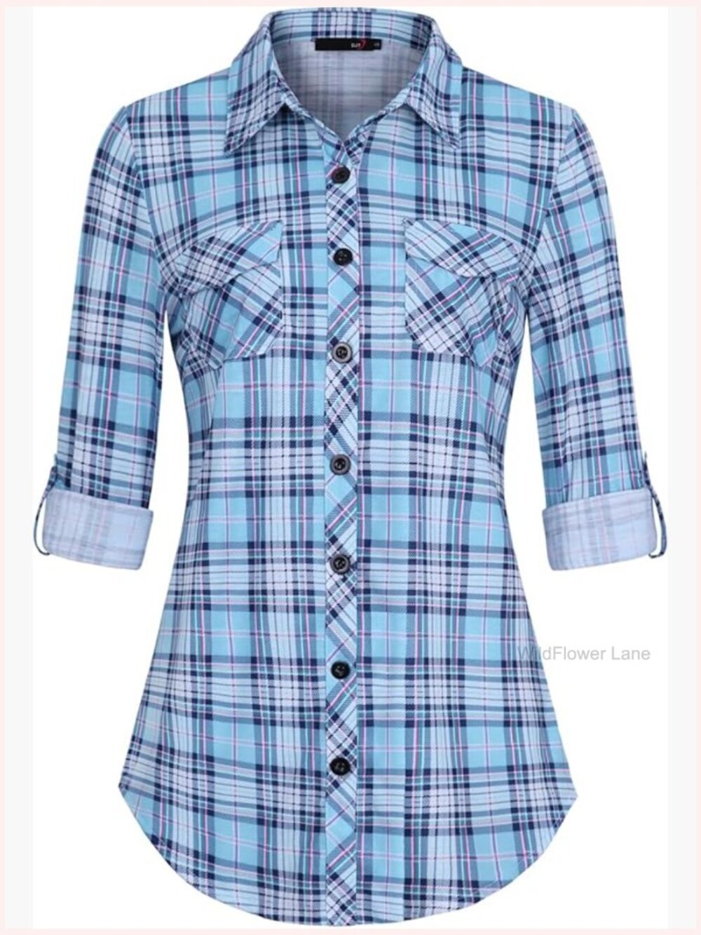 Soft Stretchy Knit Plaid Button Down Blouse with Roll Up Sleeves Cowgirl Style